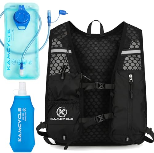 KAMCYCLE Sac à dos d'hydratation - Gilet de course avec bouteille souple de 500 ml et poche à eau de 2 l - Gilet de course - Ultra léger 180 g et respirant - Sac à dos de course pour homme et femme