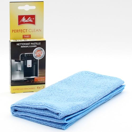 Tabletas de limpieza para Cafeteras Automáticas + paño de Microfibra compatible con Melitta Perfect Clean, 4 Tabs x 1,8 g - Pastillas para máquinas de Café Expreso, Accesorios