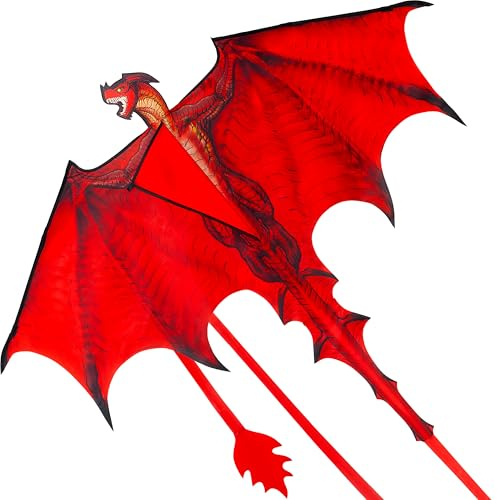 JOYIN Dragon Kites for Kids and Adults, Easy to Fly Large Single Line Kite for Kids - 55 x 46 Red Kites with 328ft String for Beginners,Dragon Red Beach Kite for Outdoor Games and Activities