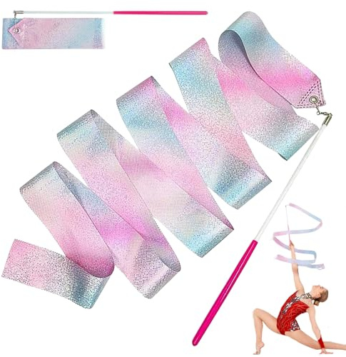 shweehon 2 PCS Gymnastics Ribbon, Dance Ribbons for Children, Sparkling Dance Ribbons, Flashing Dance Ribbons with Pink Wand, for Talent Shows, Artistic Dancing, Baton Twirling(2m/78.74in)