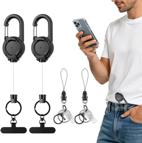 Kiiwah Set med 2 infällbara telefonlås, stöldskyddssnodd med karbinhake, infällbart telefonfäste, mobiltelefonsäkerhet för vandring, cykling, klättring, skidåkning, löpning, fot