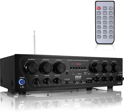 Pyle Wireless Bluetooth Karaoke Amplifier - 6 Channel 750W Power, Stereo Receiver Home Audio Amplifier w/USB,AUX, Subwoofer Out, Headphone, 2 Mic Input w/Echo, Talk-Over For PA