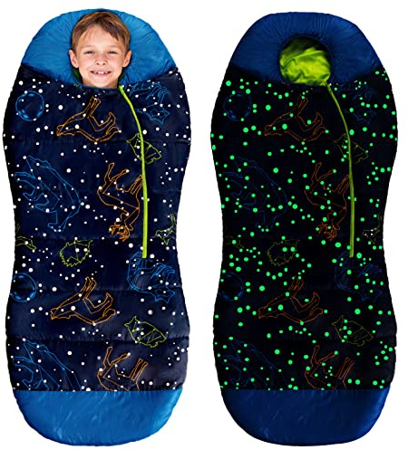 AceCamp Glow in the Dark Mummy Sleeping Bag for Kids and Youth, Temperature Rating 30°F/-1°C, Water-Resistant for Camping, Hiking, and Slumber Party (Blue, Kid's)