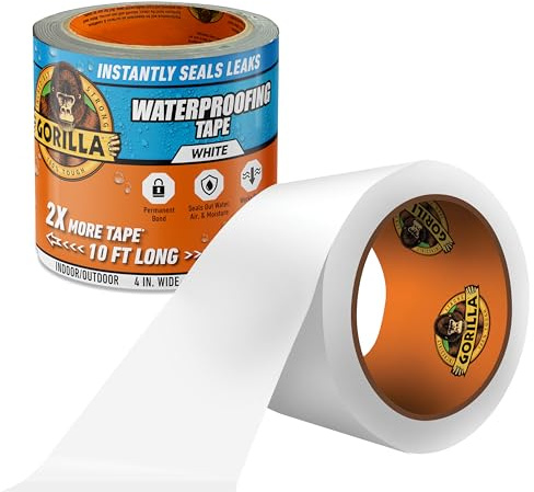 Gorilla Waterproof Patch & Seal Tape, White Tape, 4 x 10' (Pack of 1) - Permanent Weather Resistant Seal for Leaks and Repairs