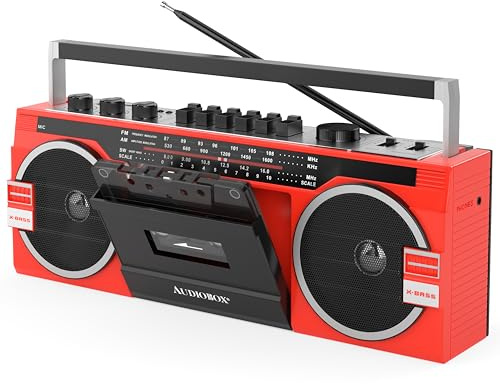 AudioBox Retrobox Bluetooth Boombox Speaker - 2 Way Boombox System with AM/FM/SW Radio, MP3 Playback, USB & SD Card Connection, Cassette Player, Built-in Speaker, 3.5mm Jack, Stereo Sound (Red)
