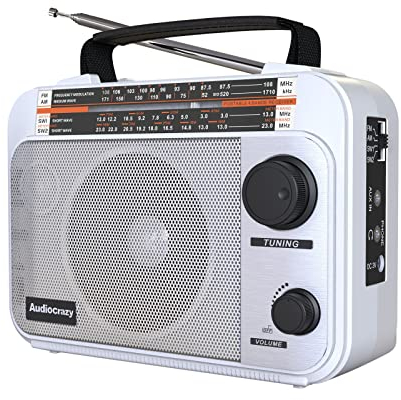 Audiocrazy Radio Portable FM/AM/SW1-2 Radio Multibande avec Batterie Rechargeable 1800 mAh, Câble AC Ou Radio FM Portable avec Piles, Haut-parleurs, Prise Casque, Entrée AUX Blanc