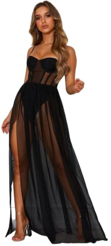 JFAN Vestido Largo de Malla para Mujer Lencería Transparente Vestido Sexy sin Mangas, Reina del Baile(Negro)