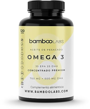 Bamboo Labs - Oméga 3 Gélules Huile de Poisson, 120 Gélules, Complément Alimentaire Omega 3 Composé de 2000 mg par Dose Journalière, 700 mg EPA, 500 mg DHA et Vitamine E, avec Acides Gras Oméga-3