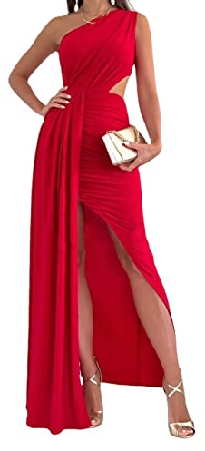 Vagbalena Femmes Sexy Une Épaule Plissée Slim Fente Longue sans Manches Enveloppe Plissée Haute Split Robes De Demoiselle d'honneur De Mariage sans Manches Robe Fente Enveloppante