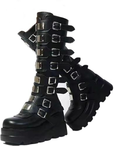 NIGXWNS Women Platform Knee High Goth Boots Zip Round Toe Wedge Punk Mid Calf Boots Buckle Chunky High Heel Combat Booties