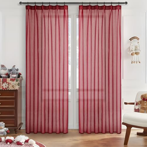 MRTREES Gardinen rot transparente gardinen kräuselband Stores Gardinen 225X140cm (HXB) Schlaufenschals 2er Set Vorhänge in Leinenoptik für Wohnzimmer Schlafzimmer küchenfenster