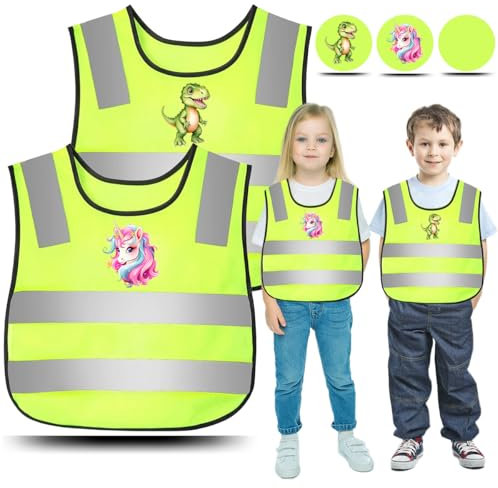 Warnweste Kinder, 2PCS Sicherheitsweste Kinder, Kinder Warnweste, Kinderwarnweste, 360 Grad Reflektorweste Kinder, Warnweste Kinder Dino Einhorn für Den Schulweg, Radfahren, Laufen (Dino+Einhorn)