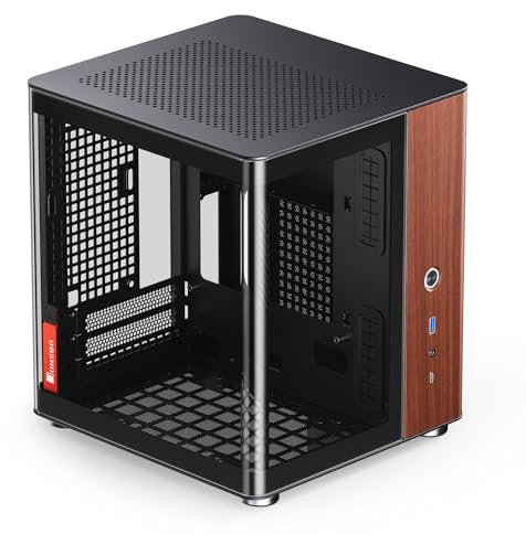 Jonsbo TK-0 Mini ITX Case schwarz - ITX Gehäuse mit Tempered Glass, Mini PC Gehäuse Holz, SFF Case für Grafikkarten bis 230mm, USB C am Frontpanel, 90 Grad Drehbarkeit für Flexible Platzierung