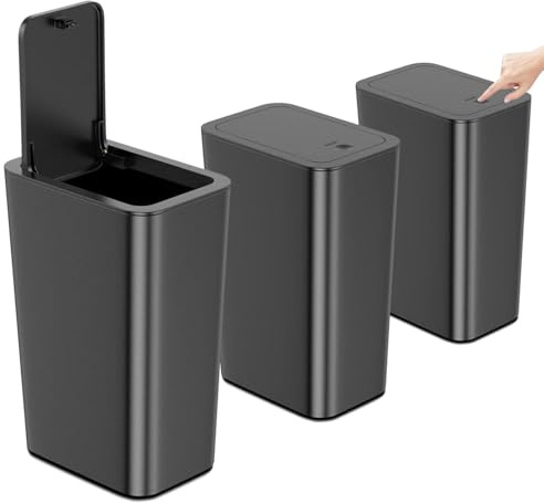 3 Pack Bedroom Bin,10L Slim Bathroom Bin with Lid,Push Button Plastic Waste Bin for Bathroom Anti-Odour,Plastic Thin Trash Can for Office,Living Room,Kitchen,Toilet (Black)