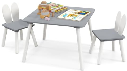 COSTWAY Barnbord med 2 stolar, 3 delar. Barnstolsgrupp med massiva träben och kaninöron, ryggstöd, fyrkantigt spelbord, barnmöbler, barnstolsset för 3–6 år barn (grå)
