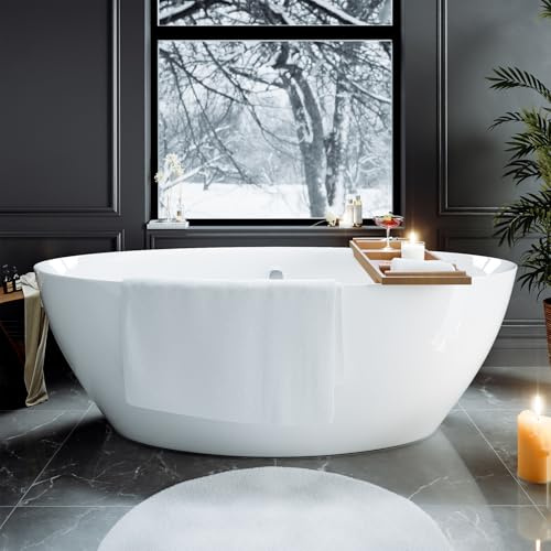 Empava Freestanding Bathtub, 71 Soaking Tub with Center Drain & Overflow – Acrylic Tub, Non-Slip Flat Bottom, Glossy White, cUPC Certified