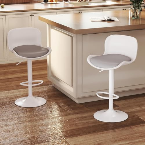 Flysky Taburete de Bar Juego de 2, Silla giratoria 360°, Regulable en Altura, Taburete de Bar con Respaldo y reposapiés, Taburete de Cocina imitación Cuero 120kg, Blanco/Gris