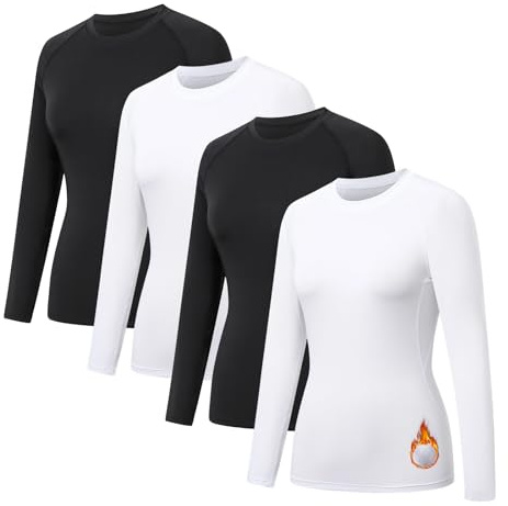 HYCOPROT 4 Pack Maglia Termica Donna Thermal Manica Lunga Intimo Termico Invernale Maglietta Interna Maniche Lunghe Slim Fit Termica Basic Bianca Casual Top Autunno Inverno Moda Magliette Yoga Corsa