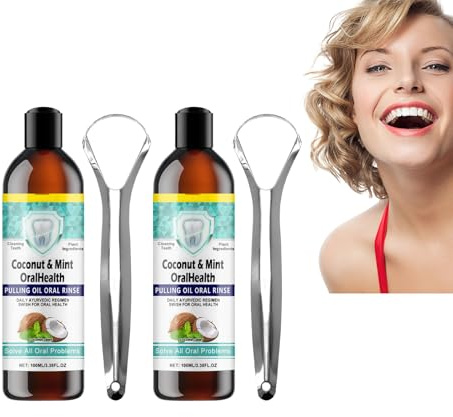 Collutorio Coconut Oil Pulling - Collutorio Coconut Oil Pulling per l'igiene orale - Risciacquo naturale per combattere la placca e l'alito cattivo - con raschietto per la lingua, 100ml (2 bottiglie)