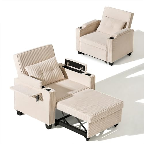 CLIPOP Schlafsofa, 3-in-1 Schlafsessel mit Bettfunktion, Ausziehbarer Sofa mit Schlaffunktion mit USB-C, 3-stufig Verstellbarer Rückenlehne (105°-160°), Stauraum & Getränkehalter (Cordsamt, Beige)