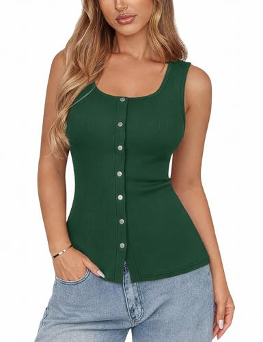 Aottori Tank Top Women Button Front Scoop Neck Ribbed Slim Fit Dark Green L