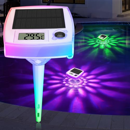 Solare Termometro Piscina Galleggiante, Luci Piscina solari con 8 Colori, RGB Moda, Facile da Leggere Termometro digitale, IP68 Impermeabile luci per piscina fuori terra, Vasca, Spa, Stagno Giardino