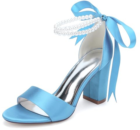 HFWXYSA Chaussures Femme Escarpins Mariage Talon Bloc Bride Cheville Perle Sandales Soirée Elégantes Satin pour Demoiselle Honneur,Sky Blue,36 EU