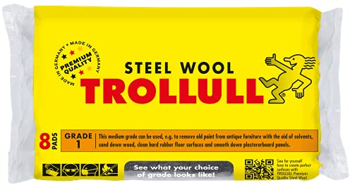 TROLLULL Lana de acero | Lana de alambre mediana 1, se puede utilizar para lijar madera, quitar pintura vieja y barniz de muebles antiguos, y limpiar suelos de goma dura, 8 almohadillas de 200 g