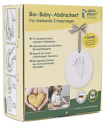 GRÜNSPECHT Bio-Baby-Abdruckset, 1 Dose Abdruckmasse & Zubehör, Baby Handabdruck & Fußabdruck, aus zertifizierter Bio-Kartoffelstärke, Geschenk Geburt (678-00)