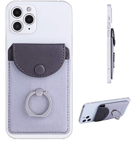 FRIFUN Credit Card Holder for Back of Phone with Ring Stand Stick on Phone Wallet,Ultra-Slim Self Adhesive,RFID Blocking Ring Pocket Wallet Stick on Most Smartphones(Finger Ring Gray)