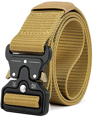 MOZETO Taktischer Gürtel, Unisex Militär Gürtel mit Schnellspanner Metallschnalle, Nylon Gürtel für Outdoor, Arbeit, Militär, Freizeit, Jagen - Gift Packaging,Armee Gelb,M-125cm
