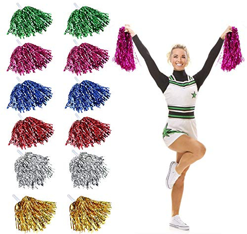 RMENOOR 12 Stücke Cheerleading Pompons 6 Farben Cheerleader Puschel mit Griffen Pom Cheerleader Handblumen Hell Metallic Tanzwedel PET Tanzpuschel Cheers Ball Zum Schule Sport Prost Tanz Nacht Party