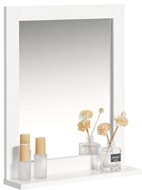 SoBuy Pensile Bagno Sospeso con Specchio Mobiletto Bagno Salvaspazio Armadietto da Parete con Mensola, Specchio Contenitore per Lavatrice, Lavandino, Lavanderia Bianco 40x49x10cm FRG129-W