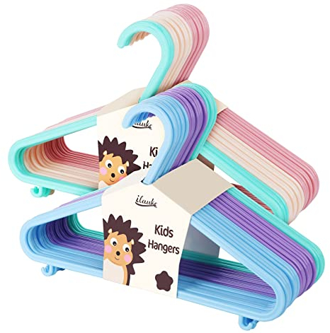 ilauke Confezione da 40 grucce in plastica colorata per bambini, grucce per vestiti per bambini, per gonne e pantaloni (28,5 cm x 17,5 cm)