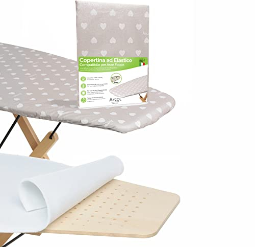 ARCOL Copriasse da Stiro ad Elastico con Mollettone Compatibile per Asse da Stiro Foppapedretti, Made in Italy, Copertura asse da Stiro 100% Cotone (Copertina + Mollettone, Beige Cuori Bianchi)