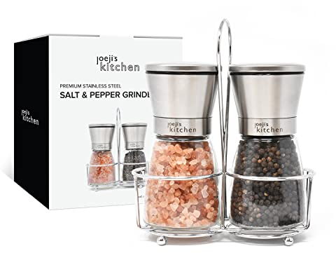 Joeji's Kitchen Salzmühle Pfeffermühle 2er Set - Keramikmahlwer und Glaskörper Gewürzmühle - Salz Und Pfeffermühle Klein Mit Verstellbarem Mahlgrad
