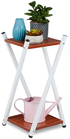 Relaxdays Blumenständer, 2 Etagen in Holzoptik, Metall, MDF, moderner Blumenhocker, HBT: 57 x 29 x 29 cm, weiß/rotbraun