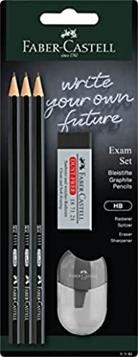 FABER-CASTELL 111183 - Bleistiftset Exam, mit drei Bleistiften 1111 Härtegrad HB, mit Spitzer und Radierer, Schwarz