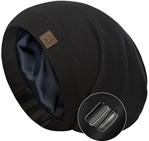 Hat Hut Silk Satin Sleep Cap Bonnet Hair Cover for Sleeping Silk Lined Beanie Hat for Natural Curly Hair Adjustable Night Cap (Black)