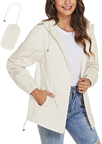 TCOT Womens Hooded Waterproof Rain Coats Lightweight Travel Rain Jacket Summer Packable Windbreaker Jacket Beige XL