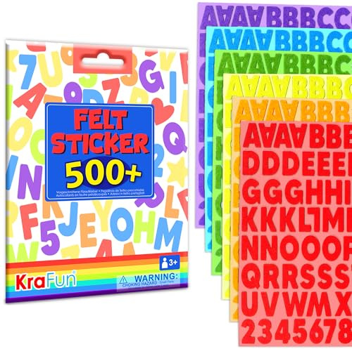 KRAFUN 500+ Felt Stickers for Toddlers & Kids - Self-Adhesive Alphabet Letters, Numbers & Shapes - No-Mess DIY Scrapbook Arts and Crafts Supplies - Educational Learning Activity Gift for Ages 3+