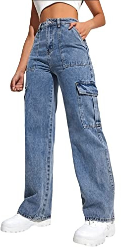 Baggy Jeans Damen High Waist - Cargo Jeans Damen mit Multi-Taschen- Jeanshose Damen Lang Straight Leg Weites Bein Denim Hose Damenjeans Oversized Cargohose Jeans Hosen für Frauen Teenager Mädchen