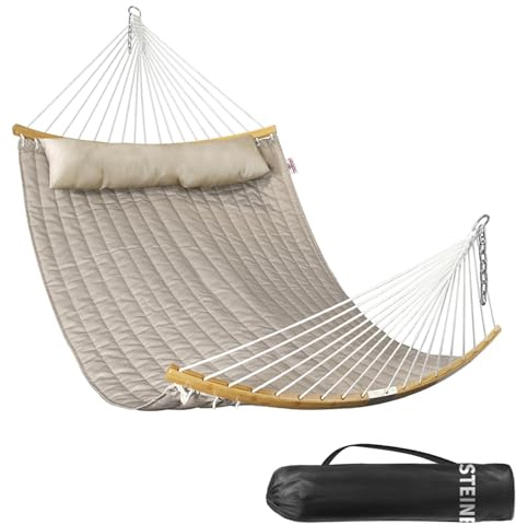 Bathonly Hamac Double, Hamac 2 Personnes en Tissu Matelassé De 335 cm pour l'Extérieur avec Oreiller, Barre d'écartement Incurvée Pliable, Chaînes, Sac de Transport, Capacité 204 Kg, Amande Blanche