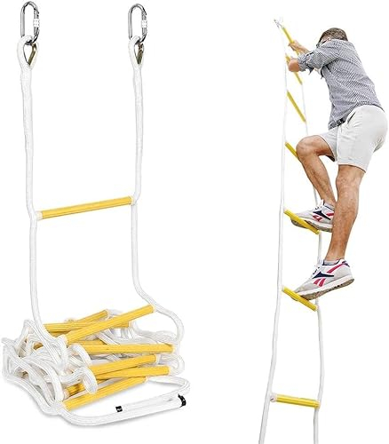 ISOP Seilleiter Feuerleiter 4 m | 1-Stöckige Häuser | Fluchtleiter mit Karabinern | Wiederverwendbar - Wasserdicht, Reißfest - Seil Leiter | Sicherheitsleiter für die Familie