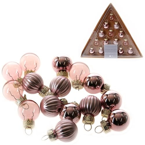 15 x Mini Baumkugeln aus Glas zum Hängen - Ø 2 cm - kleine Christbaumkugeln - Glaskugeln zum Hängen - Kugeln aus Glas - Mini Weihnachtskugeln aus Glas Farbe Rose