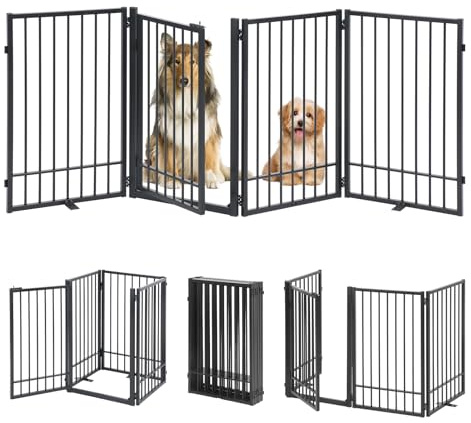 HIDOG Metal Freestanding Dog Gate with Door, Extra Wide 81, 31 Height Foldable Dog Gates for Doorways, Tall Pet Fence Indoor Outdoor Pet Gates, 4 Panels Pet Barrier for Stairs Hallways, Black