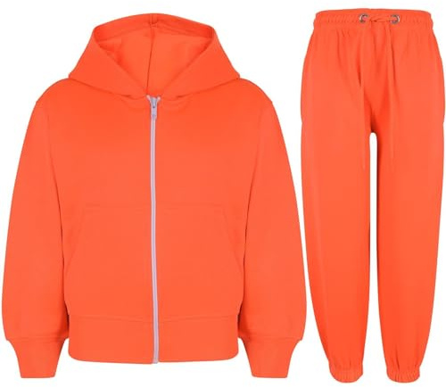 A2Z 4 Kids Ensemble de survêtement uni pour enfants filles et garçons, sweat à capuche et pantalon de jogging - T.S Plain Neon Orange 11-12.