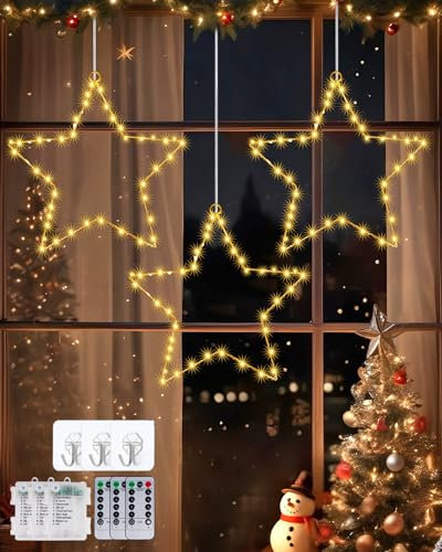 Christmas Window Lights, 3PCS Christmas Star Window Lights Battery Operated, 8 Modes Christmas Lights Indoor Outdoor 11 Brightness with Timer, Remote Control Window Hanging Lights for Xmas Decorations