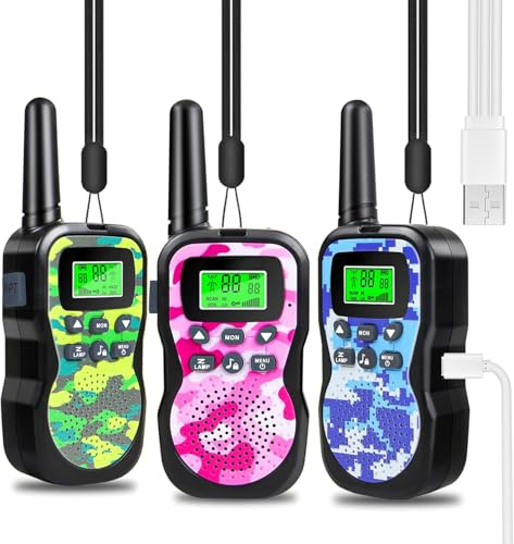JUAUO 3PCS Talkie Walkie Enfants Rechargeable, 8 Canaux Radio à 2 Voies Talkie-Walkie Longue Portée 3 KM, Cadeaux d'anniversaire pour Garçons Filles, Jouets de Plein air pour Enfants de 3 à 12 Ans