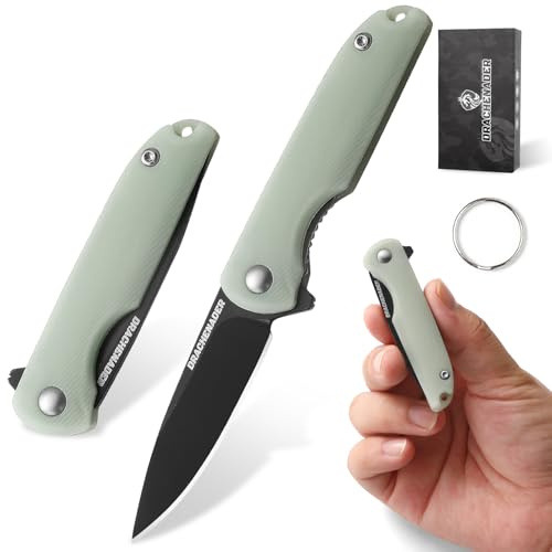 DRACHENADER Einhandmesser Mini, Taschenmesser 5, 2 cm Klingenlänge, 5cr13mov Stahl Klappmesser, Klein Schlüsselanhänger Messer für Frauen Outdoor, Klinge Schwarz- Natur Griff